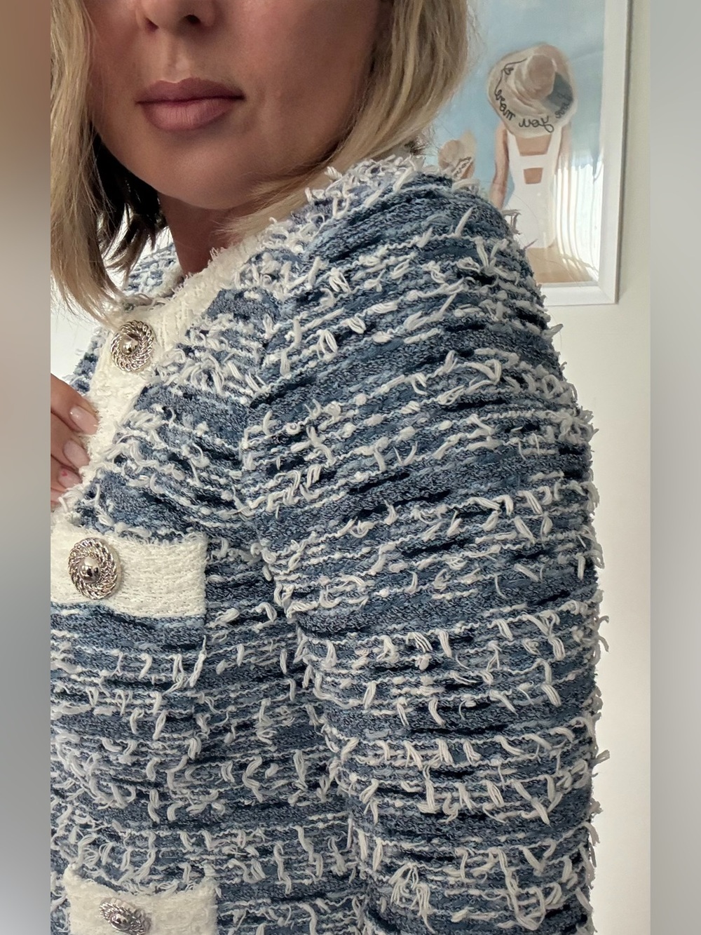 Vintage Pookie & Sebastian Blue White Bouclé Tweed Blazer Jacket Size 6 USA - Picture 3 of 9